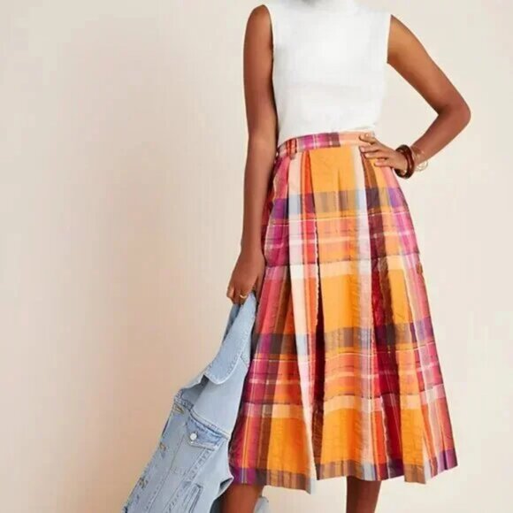 NWT Anthropologie Orange Mustard Pink Plaid Pleated Cotton Dress Maxi Skirt L - Picture 1 of 13